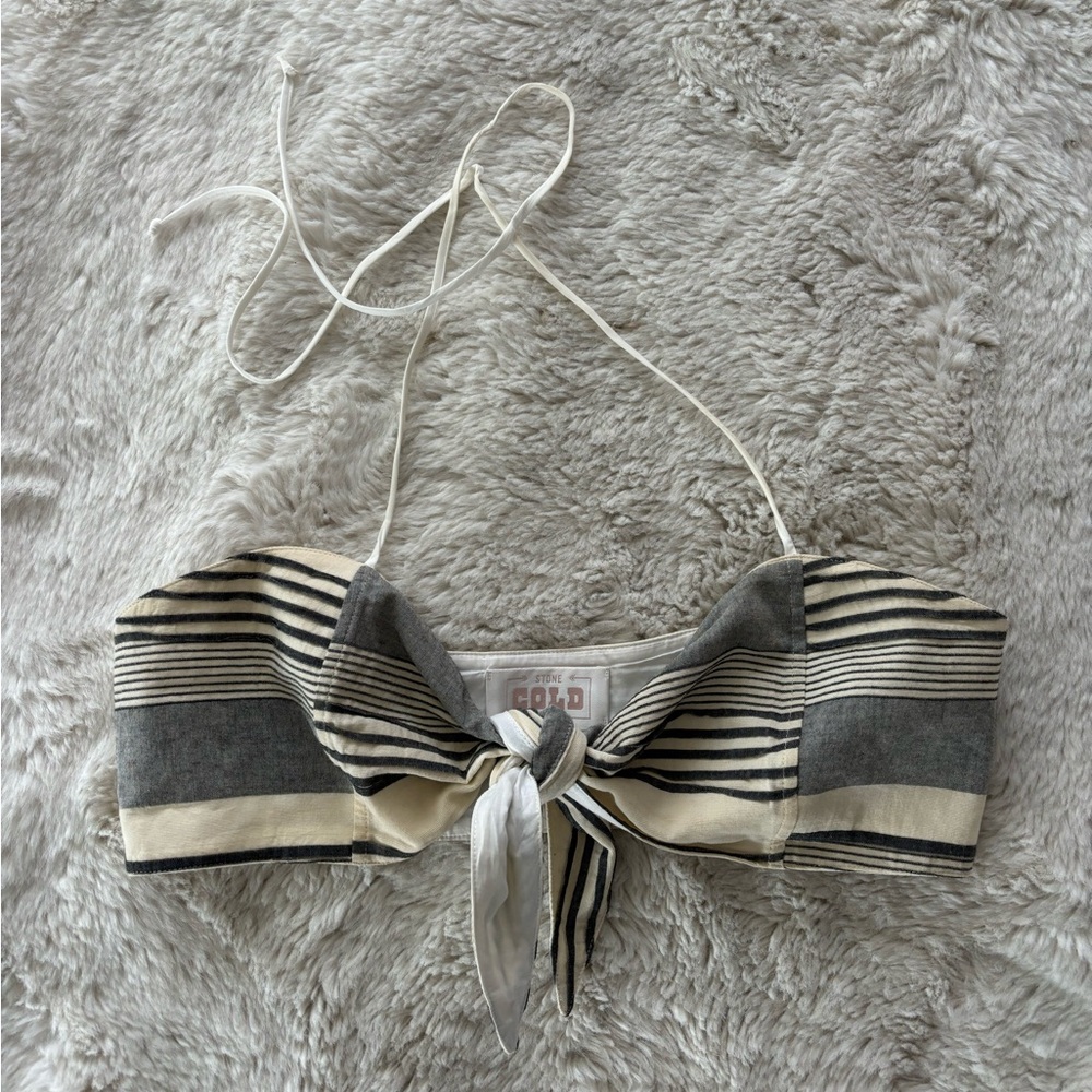 Stone Cold Fox - Striped Tie-Front Halter Sleeveless Cropped Top